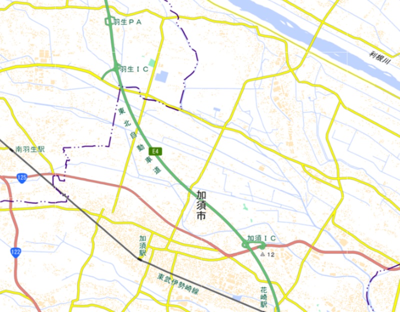 羽生ICから加須IC周辺（国土地理院のHP参照）