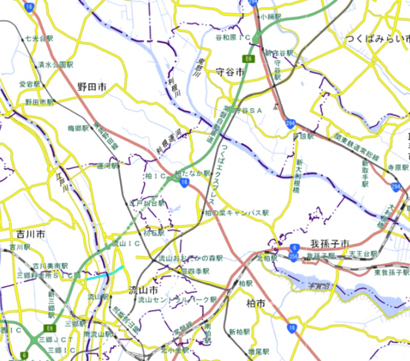 谷和原ICから三郷JCT周辺（国土地理院のHP参照）
