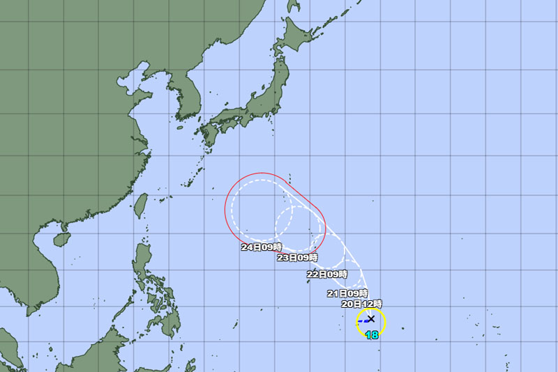 台風の位置＝19日正午発表、気象庁より