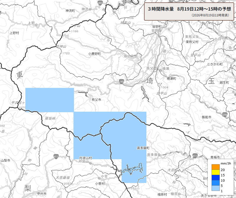 雨雲の位置。19日正午～午後3時の3時間降水量予測＝19日午前11時発表、気象庁より