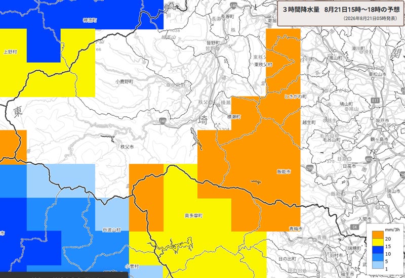 雨雲の位置。21日午後3～6時の3時間降水量予測＝21日午前5時発表、気象庁より