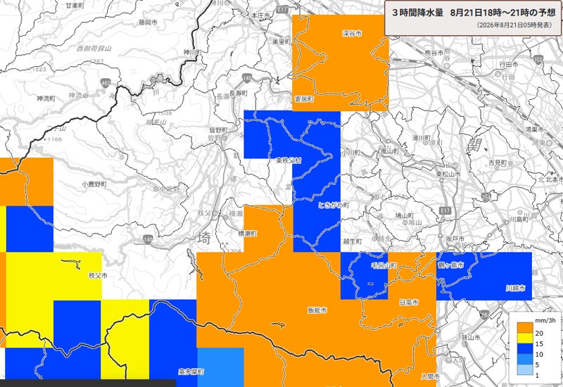雨雲の位置。21日午後6～9時の3時間降水量予測＝21日午前5時発表、気象庁より