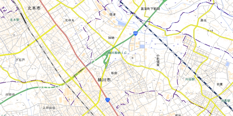 桶川加納インターチェンジ周辺の地図（国土地理院HPより）