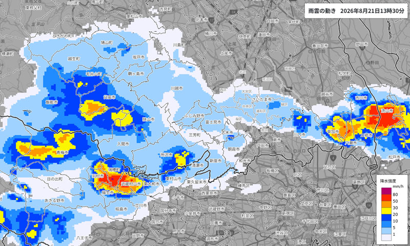 雨雲の位置＝21日午後1時半発表、気象庁より