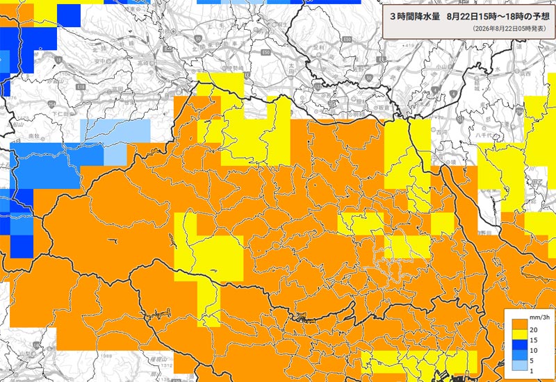 雨雲の位置。22日午後3～6時の3時間降水量予測＝22日午前5時発表、気象庁より