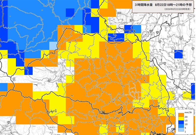 雨雲の位置。22日午後6～9時の3時間降水量予測＝22日午前5時発表、気象庁より