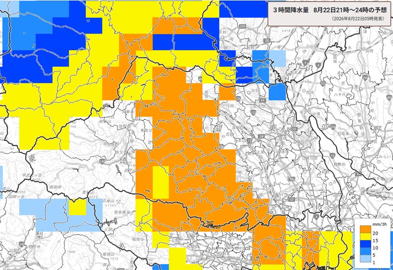 雨雲の位置。22日午後9～23日午前0時の3時間降水量予測＝22日午前5時発表、気象庁より