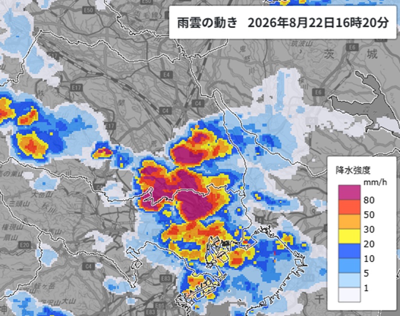 22日午後4時20分ごろの雨雲の動きU（気象庁HP参照）