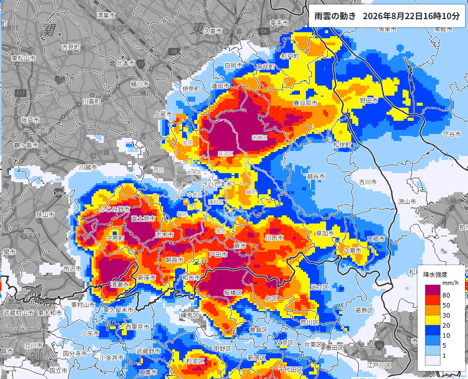 雨雲の位置＝22日午後4時10分発表、気象庁より