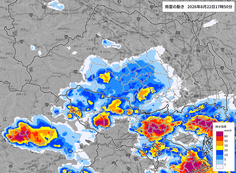 雨雲の位置＝22日午後5時50分発表、気象庁より