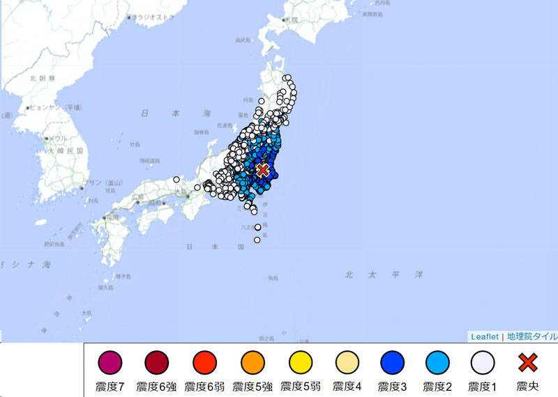 茨城県南部震源の地震、震度分布の様子＝23日午前2時12分発表、気象庁より