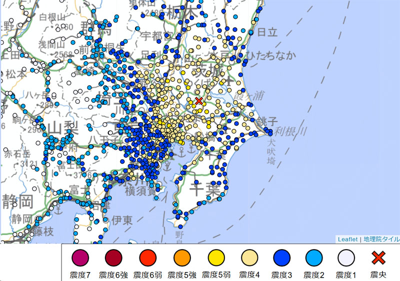 茨城県南部震源の地震、震央付近を拡大した様子＝23日午前2時12分発表、気象庁より