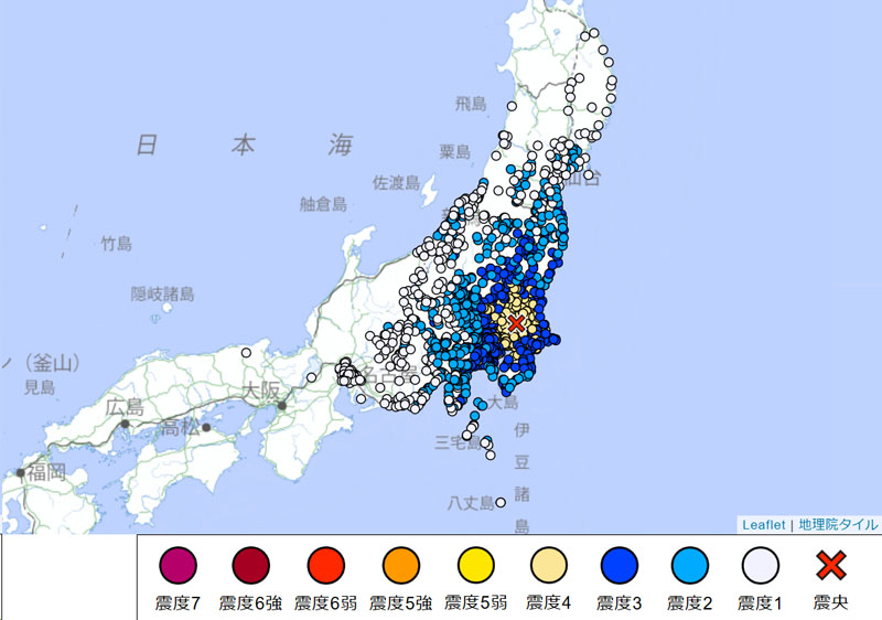 茨城県南部震源の地震、震度分布の様子＝23日午前2時12分の発表、気象庁より