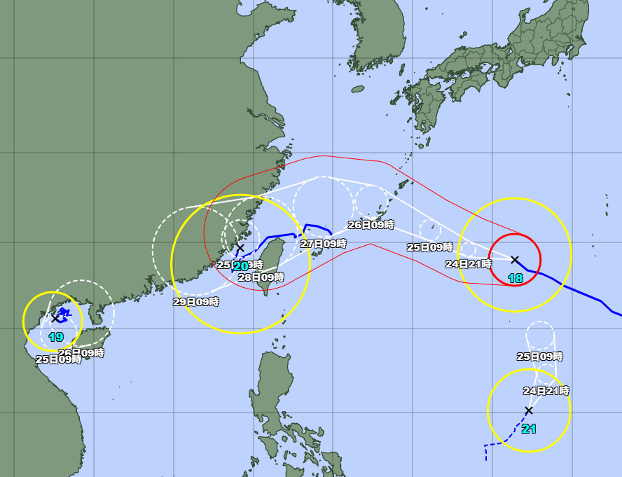 台風の位置。沖縄県を中心に拡大＝24日午前9時発表、気象庁より