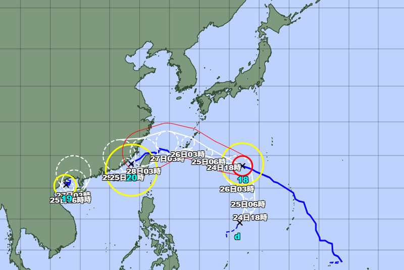 熱帯低気圧だったころの位置と予想＝24日午前6時発表、気象庁より