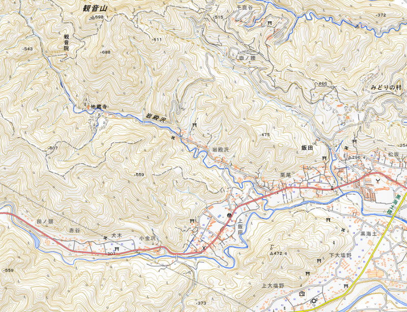 小鹿野町飯田の周辺。飯田は岩殿沢付近（国土地理院HPより）
