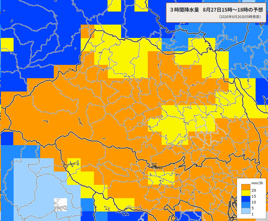 雨雲の位置。27日午後3～6時の3時間降水量予測＝26日午前5時発表、気象庁より