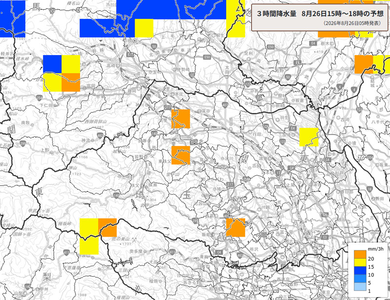 雨雲の位置。26日午後3～6時の3時間降水量予測＝26日午前5時発表、気象庁より