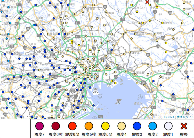 8月23日地震、川口市周辺の震度分布（気象庁より）