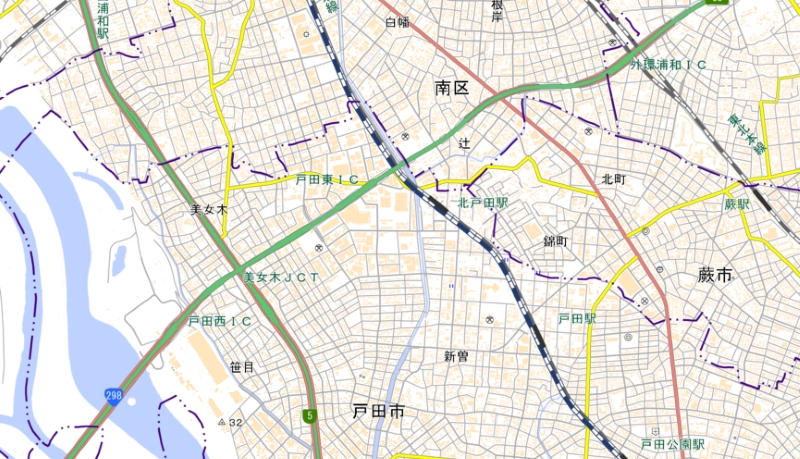 戸田東インターチェンジ周辺の地図（国土地理院HPより）