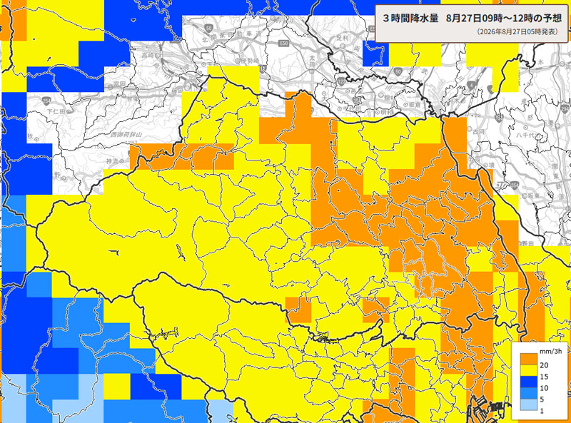 雨雲の位置。27日午前9時～正午の3時間降水量予測＝27日午前5時発表、気象庁より
