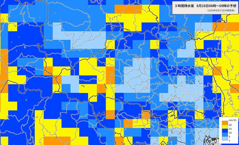 雨雲の位置。28日午前6～9時の3時間降水量予測＝27日午前5時発表、気象庁より