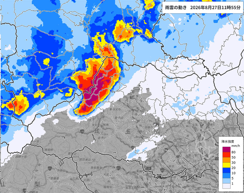 雨雲の位置。27日午前11時55分時点＝気象庁より
