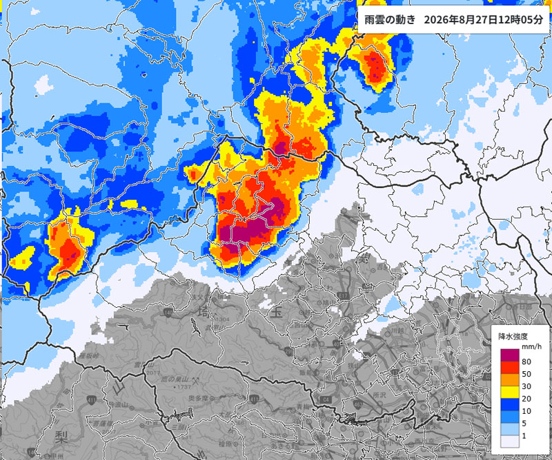 雨雲の位置。27日午後0時40分時点＝気象庁より