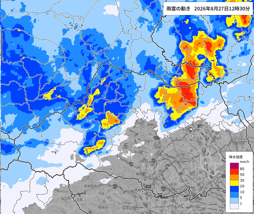 雨雲の位置。27日午後0時30分時点＝気象庁より