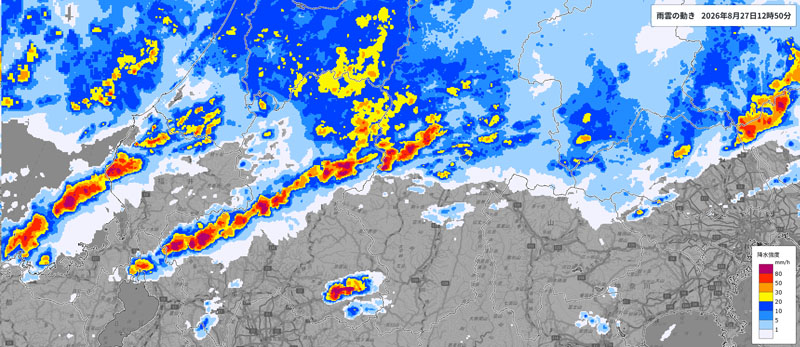 雨雲の位置。27日午後0時50分時点。新たに豪雨をもたらす雨雲が接近中＝気象庁より