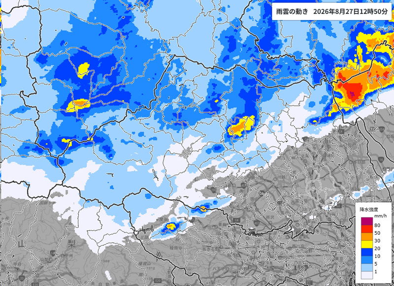 雨雲の位置。27日午後0時50分時点＝気象庁より