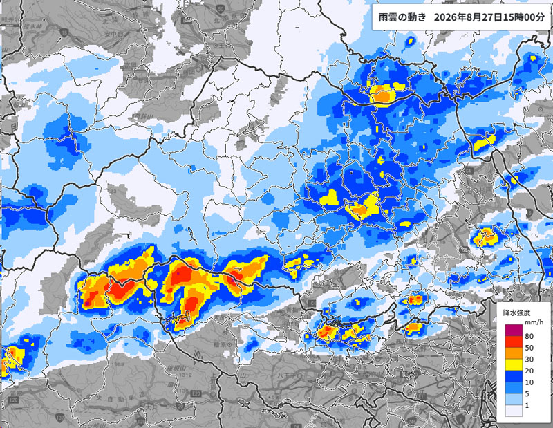 雨雲の位置。27日午後3時時点＝気象庁より