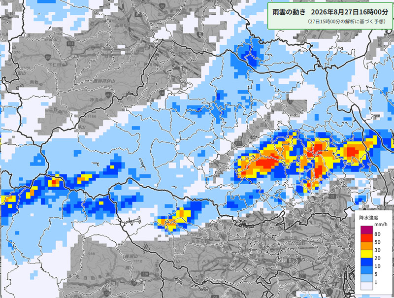 雨雲の位置。27日午後4時の予測＝気象庁より