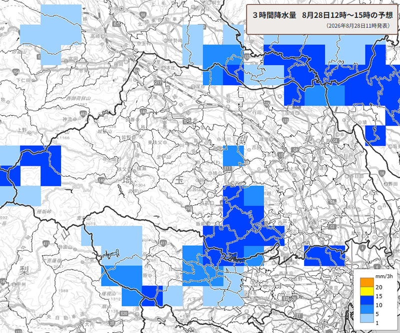 雨雲の位置。28日正午～午後3時の3時間降水量予測＝28日午前11時発表、気象庁より