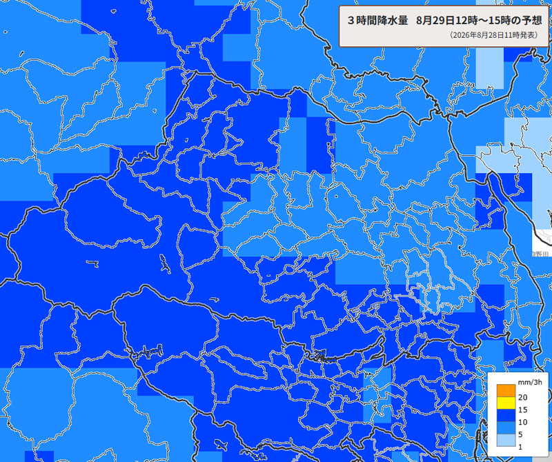 雨雲の位置。29日正午～午後3時の3時間降水量予測＝28日午前11時発表、気象庁より