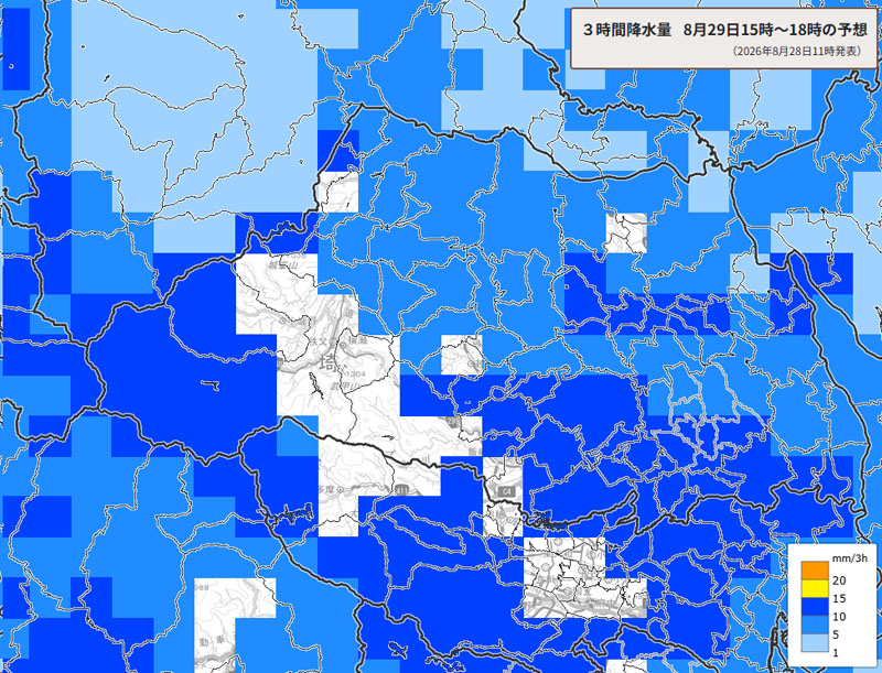 雨雲の位置。29日午後3～6時の3時間降水量予測＝28日午前11時発表、気象庁より
