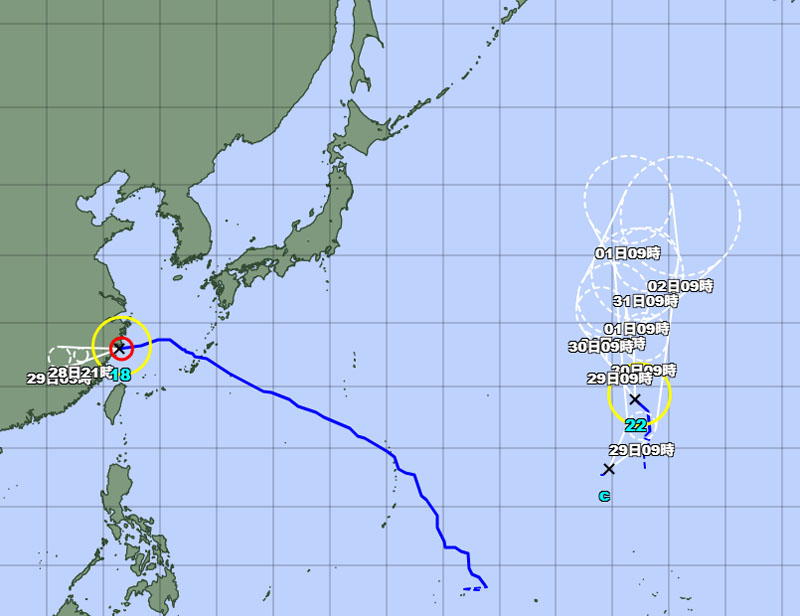 台風22号の位置＝28日午前9時発表、気象庁より