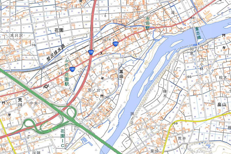 深谷市黒田の周辺（国土地理院HPより）