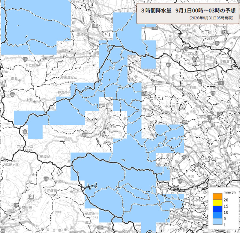 雨雲の位置。9月1日午前0～3時の3時間降水量予測＝31日午前5時発表、気象庁より