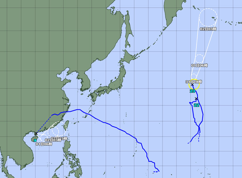 熱帯低気圧などの位置＝31日午前6時発表、気象庁より