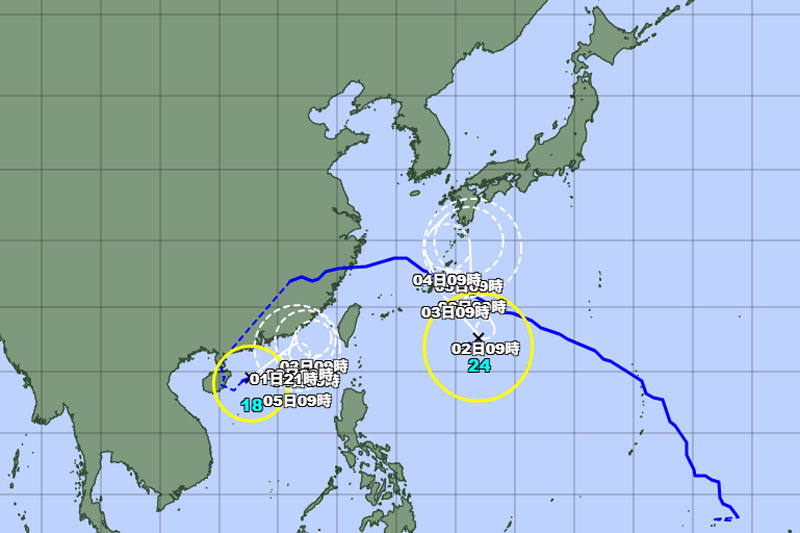 台風の位置＝1日午前9時発表、気象庁より