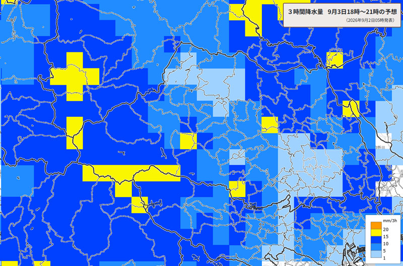 雨雲の位置。3日午後6～9時の3時間降水量予測＝2日午前5時発表、気象庁より