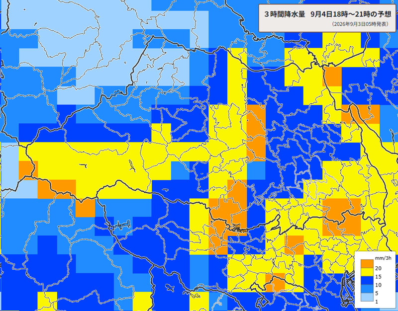 雨雲の位置。4日午後6～9時の3時間降水量予測＝3日午前5時発表、気象庁より