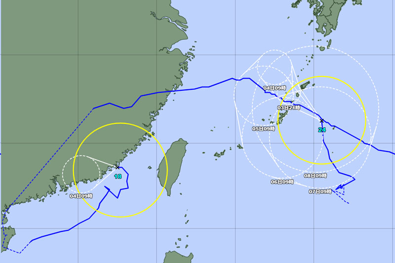 台風24号などの予報円＝3日午前9時発表、気象庁より