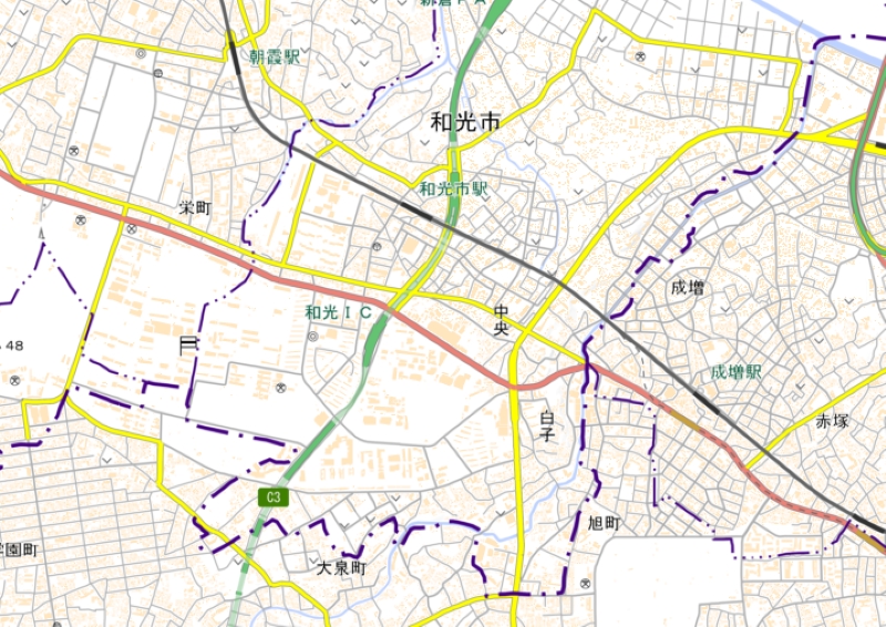 和光インターチェンジ周辺の地図（国土地理院HPより）