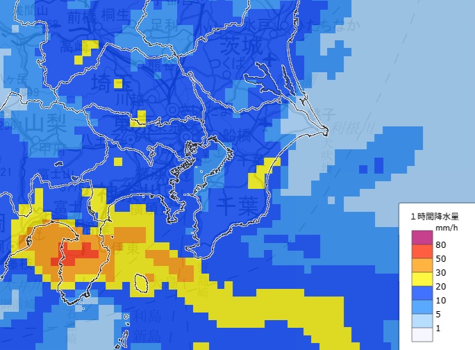 7日午前0時まで1時間降水量、6日午前9時の解析に基づく予想（気象庁のHP参照）