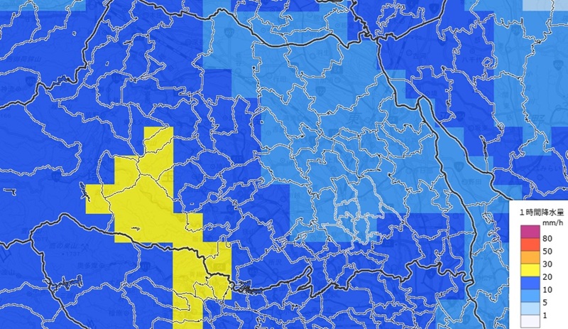 6日午後9時までの1時間降水量　6日午前9時の解析に基づく予想（気象庁のHP参照）