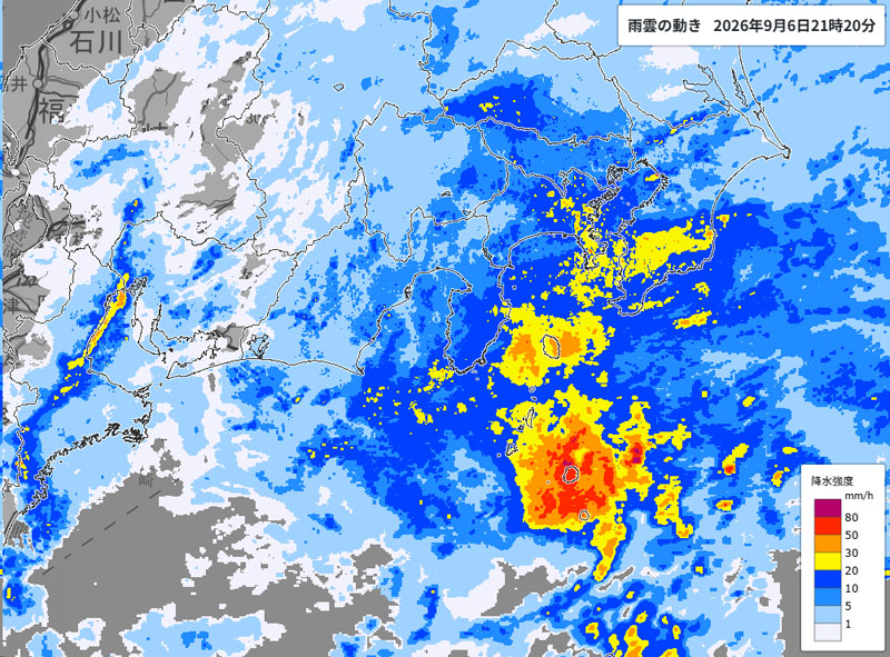 雨雲の位置＝6日夜9時20分発表、気象庁より