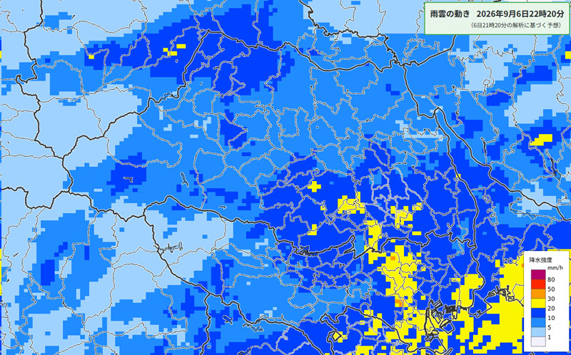 雨雲の位置。6日夜10時20分に予測される埼玉周辺の様子＝6日午後9時20分発表、気象庁より