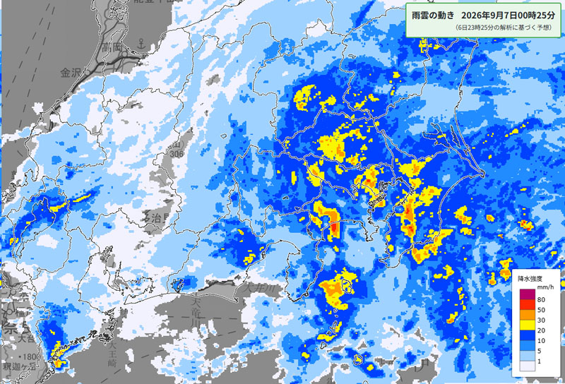 雨雲の位置。7日午前0時25分に予測される広域の様子＝6日午後11時25分発表、気象庁より